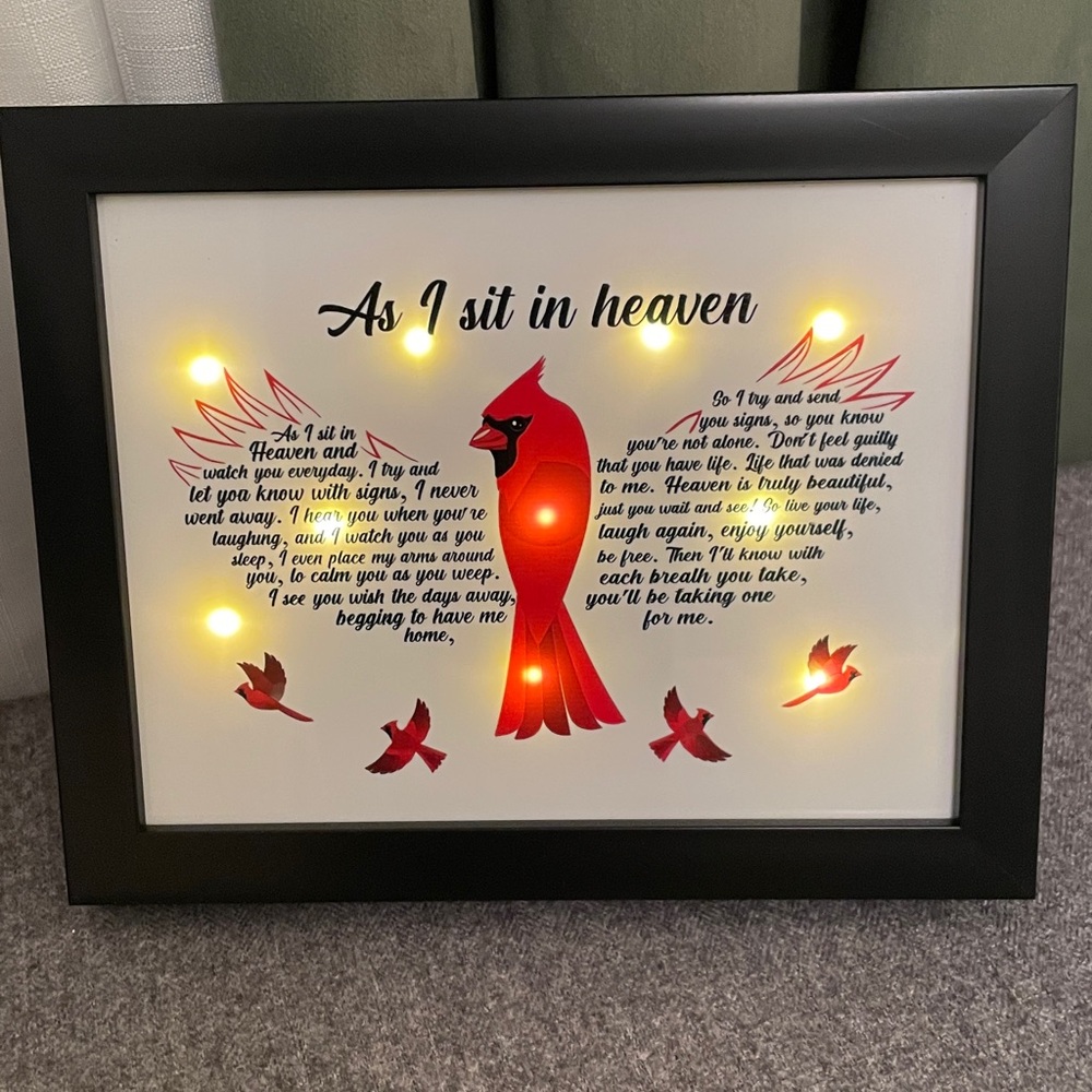 AS I SIT IN HEAVEN Framed Wall or Tabletop Cardinal Light Up Condolence Gift - Picture 3 of 12